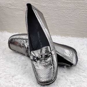 Bellini Abagail Silver Metallic Snakeskin Design Square Toe Low Wedged Heel Shoe